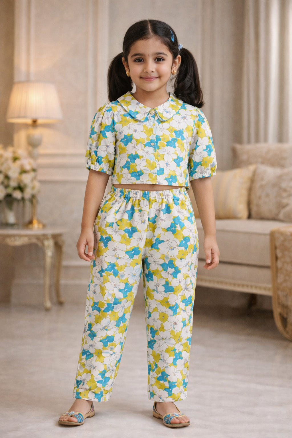 White Flower Printed Girls Co-Ords