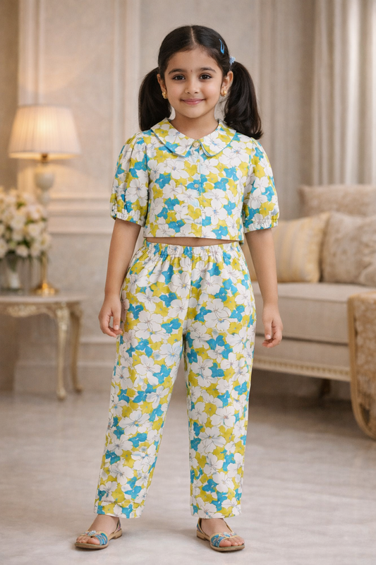 White Flower Printed Girls Co-Ords