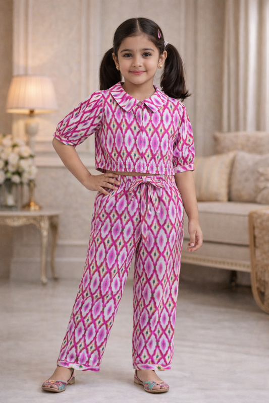 Pink Ikat Printed Girls Co-Ords