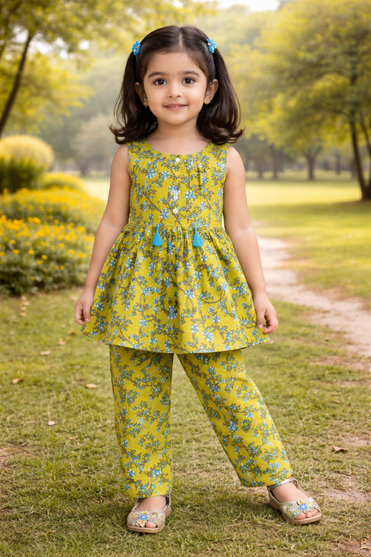 Flower Printed Olive Green Girls Co-Ord Set
