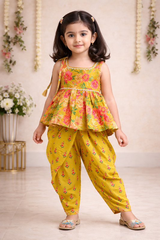 Mustard Floral Printed Top and Dhoti Style Tulip Pant