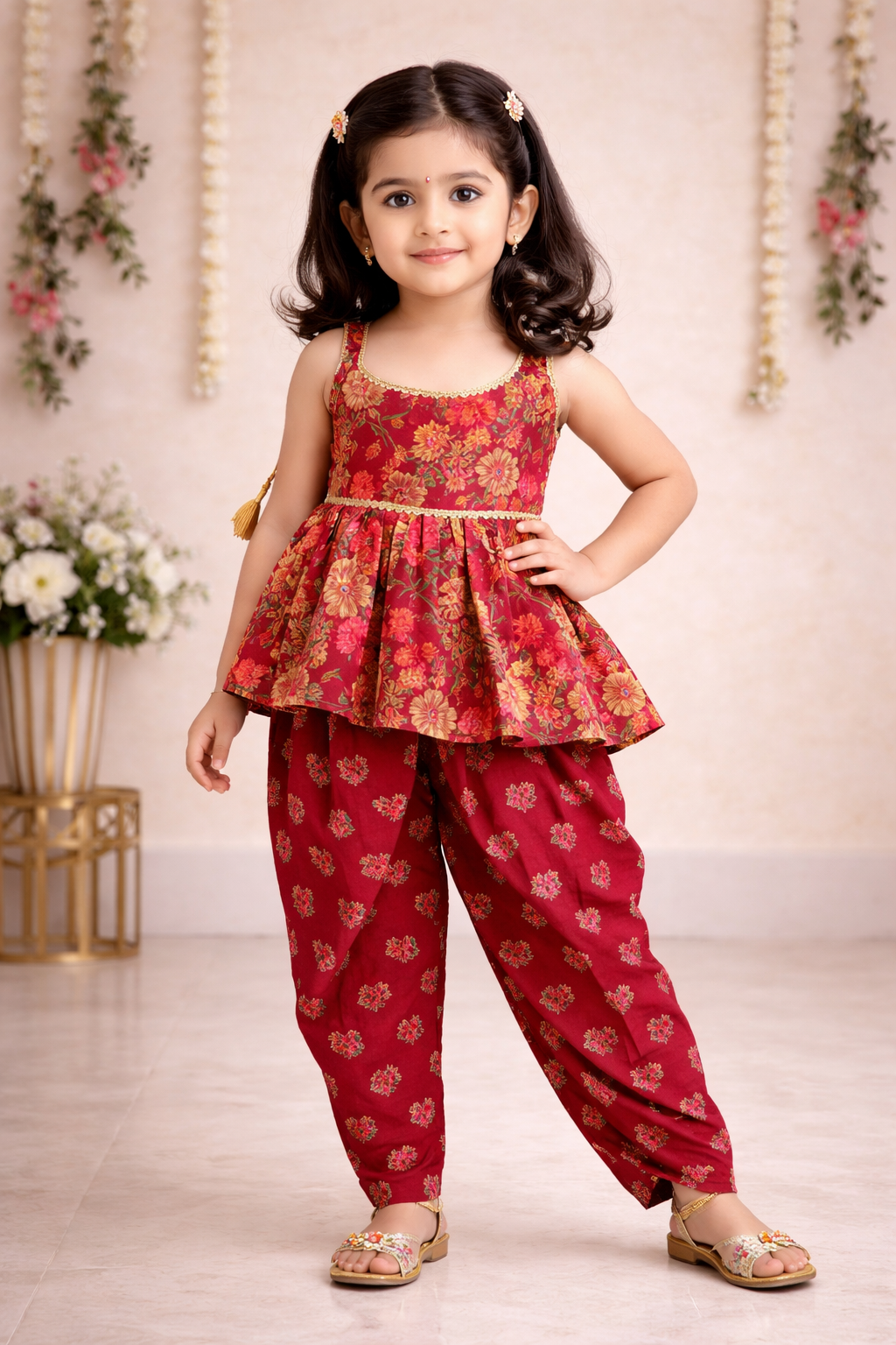 Floral Print Maroon Colour Top and Dhoti Style Tulip Pant