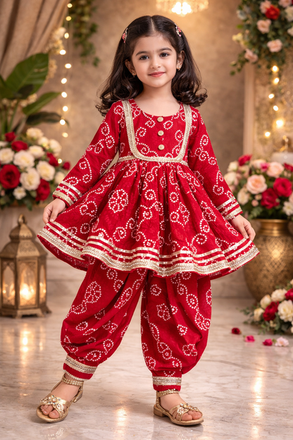 Jaipuri print Red Colour Anarkali suit with Afghani Salwar
