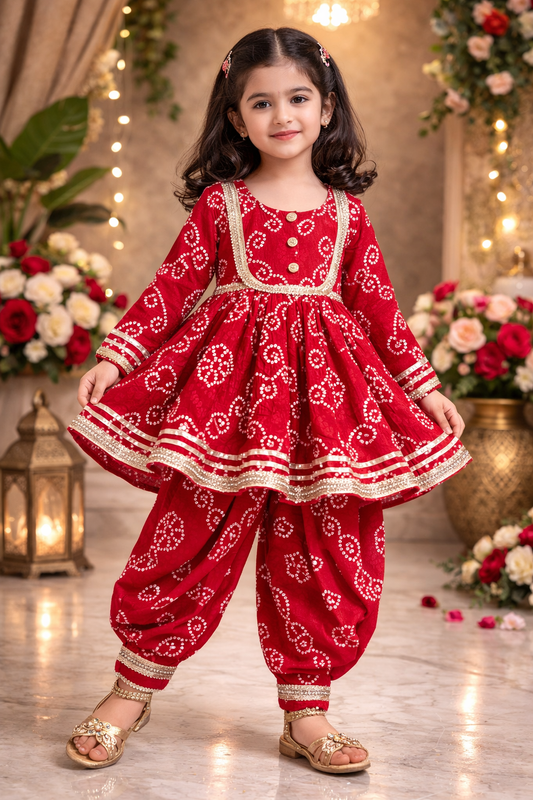 Jaipuri print Red Colour Anarkali suit with Afghani Salwar