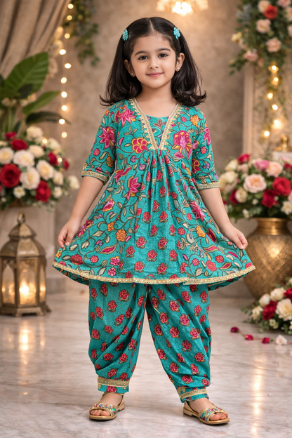 Sea Green Flower Printed Afghani Style Suit Set
