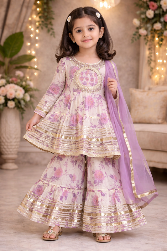 Lavender colour Rose Print Anarkali Kurti With Sharara
