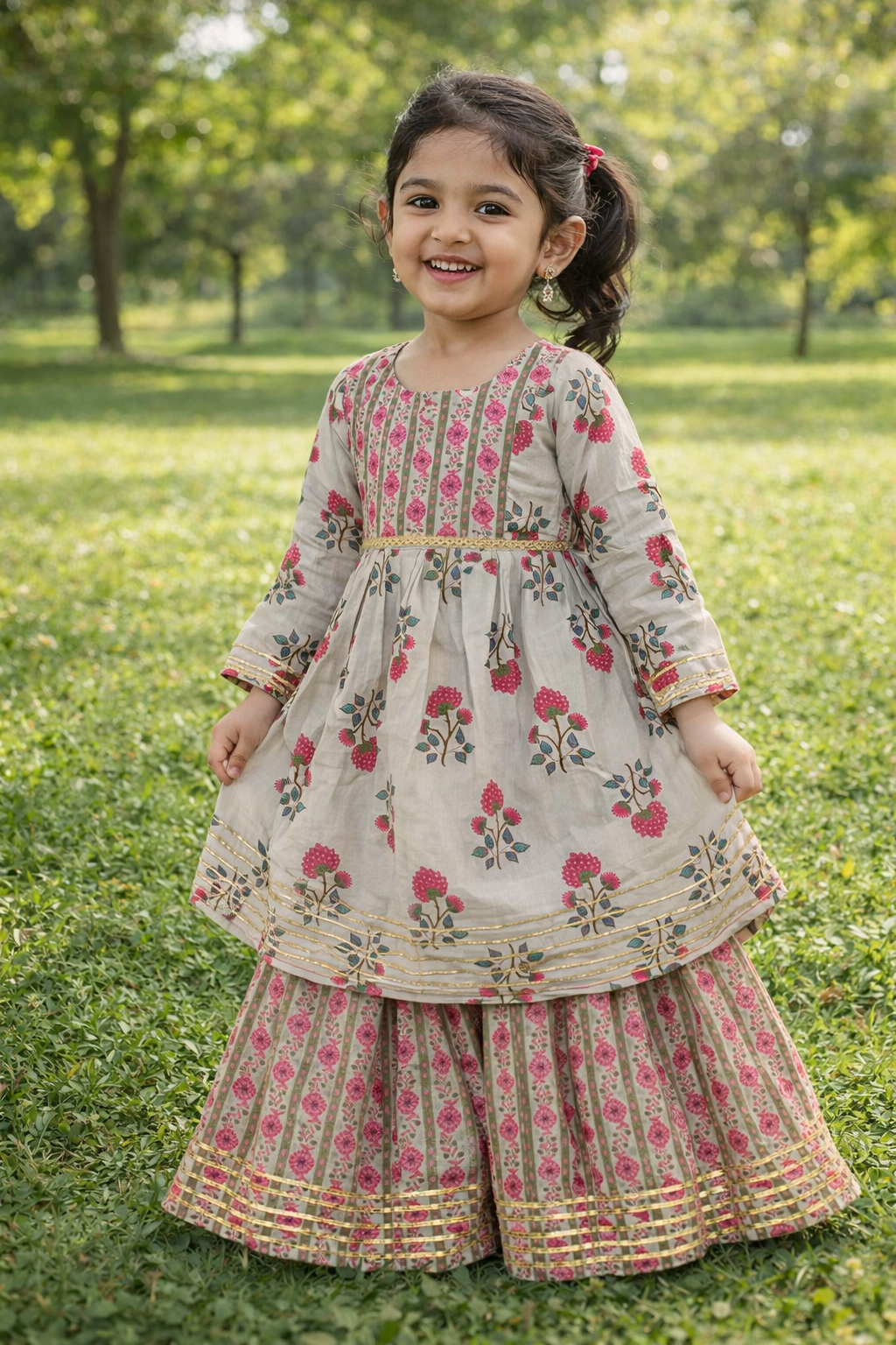 Pink Flower Printed Anarkali Suit with Sharara
