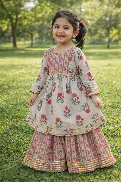 Pink Flower Printed Anarkali Suit with Sharara