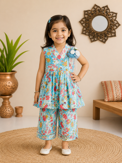 Flower Printed Sky Blue Girls Co-Ord Set