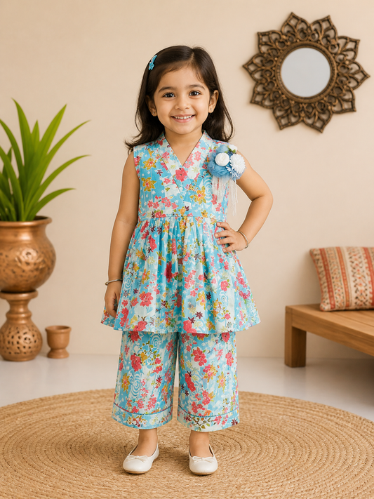 Flower Printed Sky Blue Girls Co-Ord Set