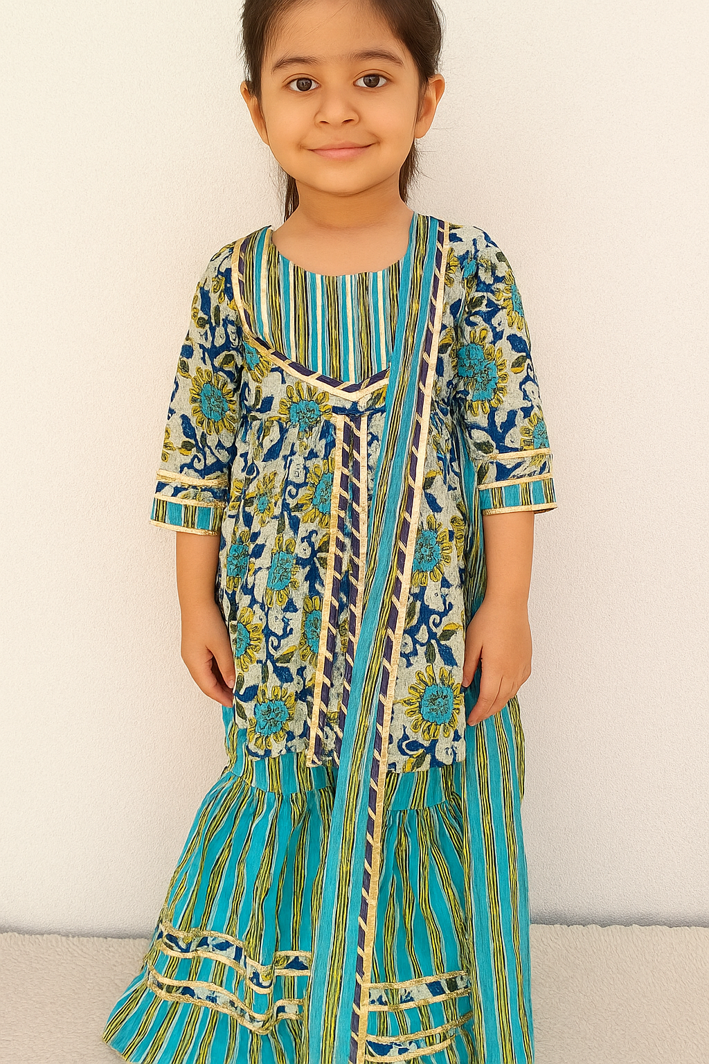 Abstract Print Aqua Green Coloured Front Cut Anarkali Suit with Sharara