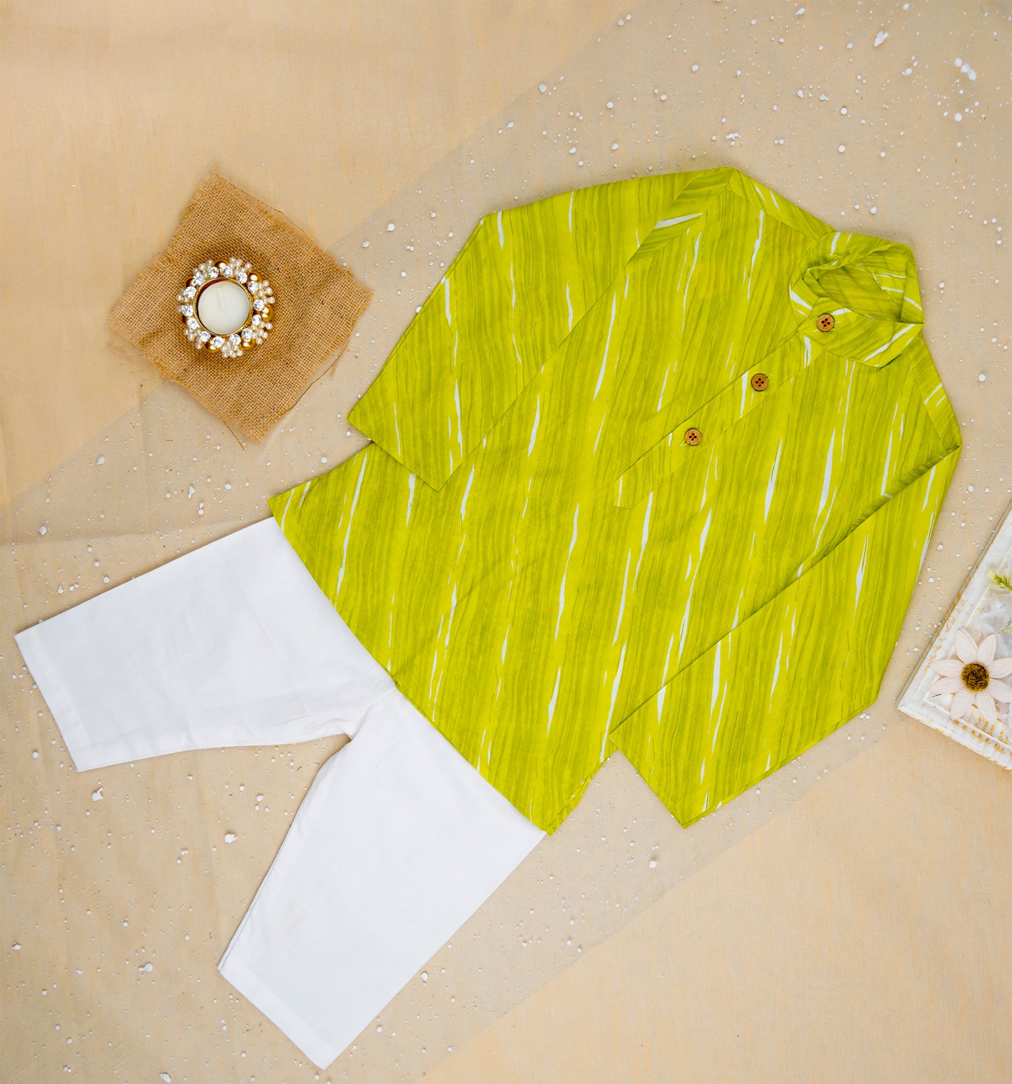 Parrot Green Bandhej Kurta and Jacket with Pyjama (Tie and Dye)