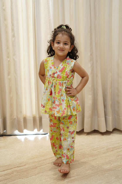 Flower Printed Olive Green Girls Co-Ord Set