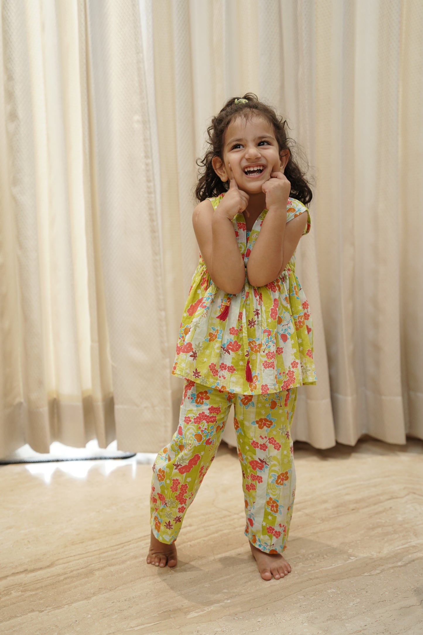 Flower Printed Olive Green Girls Co-Ord Set