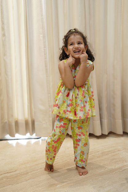 Flower Printed Olive Green Girls Co-Ord Set