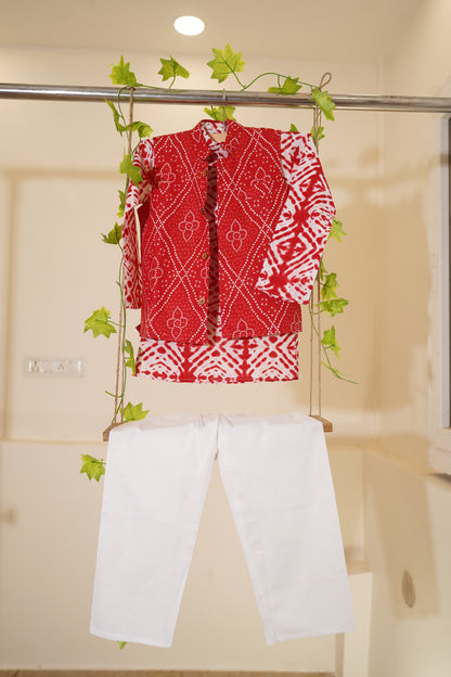 Red Bandhej Kurta And Jacket With Pyjama ( Tie and Dye)