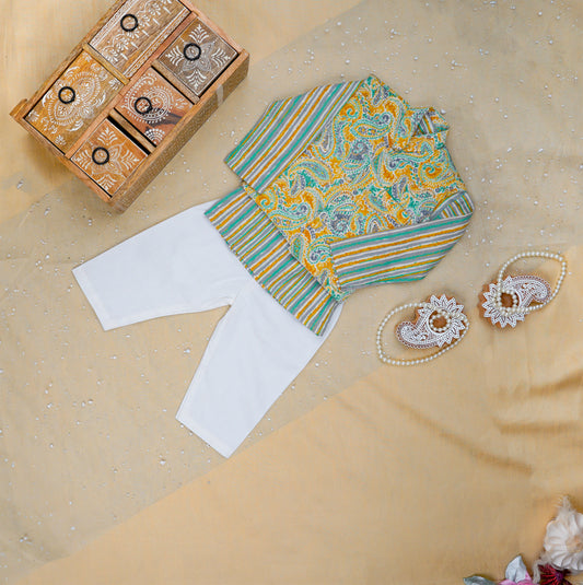 Yellow Pastel Paisley Jacket with Kurta Pyjama