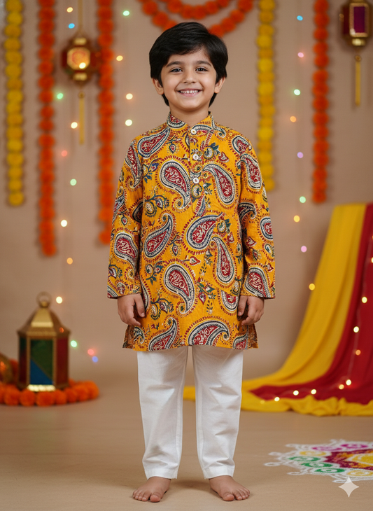 Mustard Paisley printed Kurta -Pyjama
