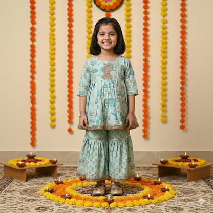 Tea Green Colour floral Print Ankarkali Suit with Sharara