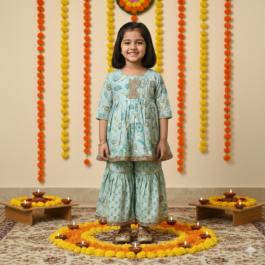 Tea Green Colour floral Print Ankarkali Suit with Sharara