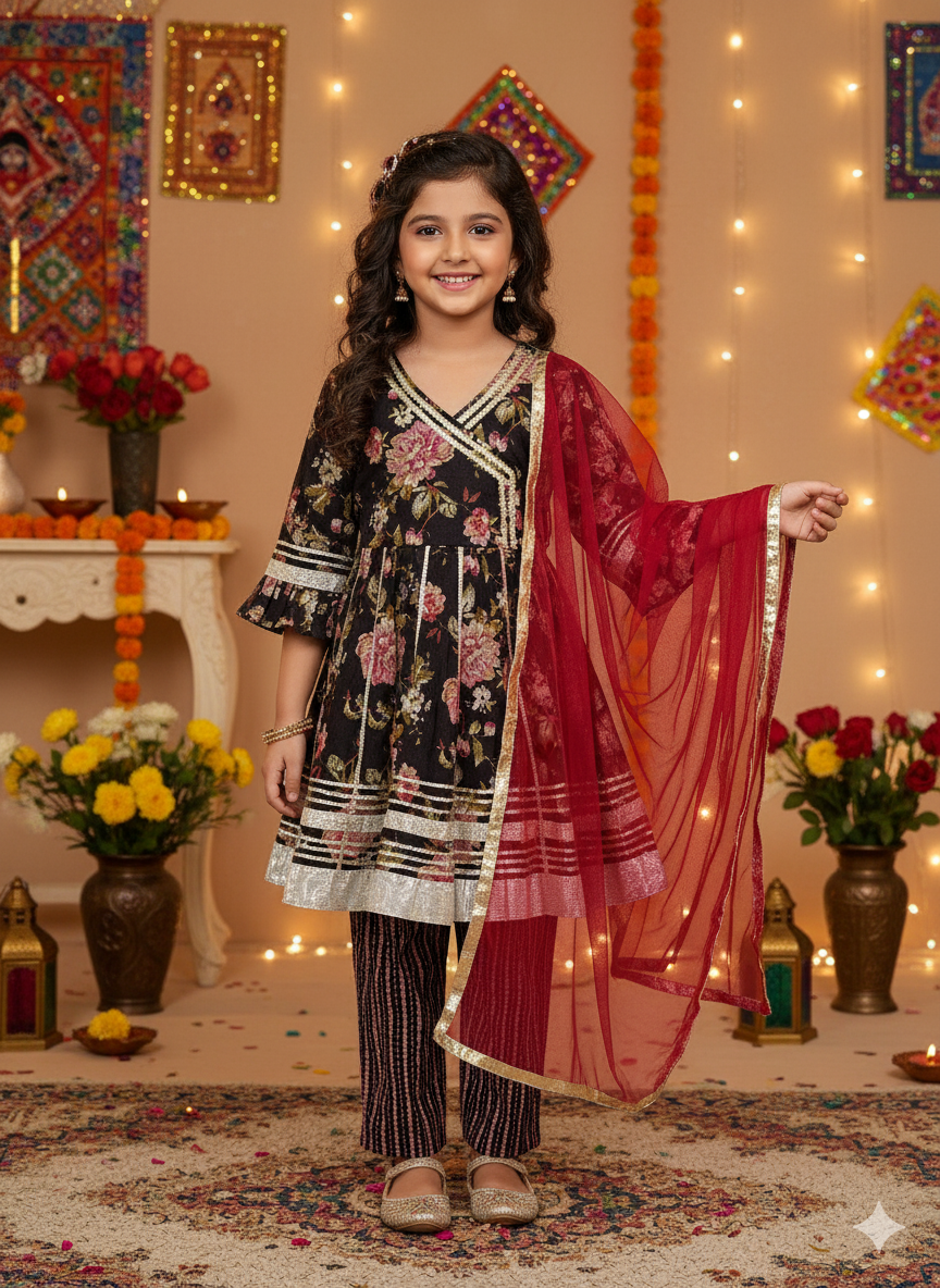 Black Floral Printed Girls Flare Suit Set