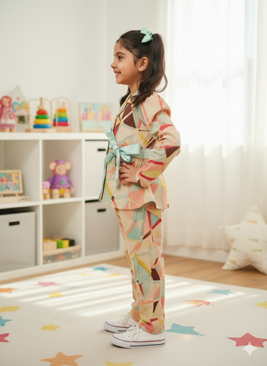 Peach Colour geometric Print Girls Co-Ord Set