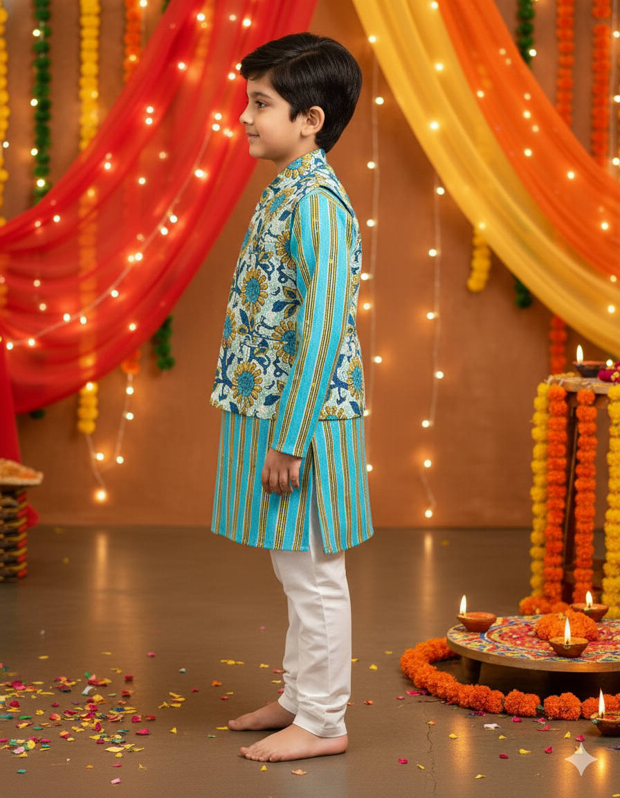 Teal green Sun flower print Jacket with Kurta -Pyjama