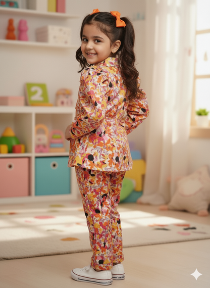 Orange Colour Flower Print Girls Co-Ord Set