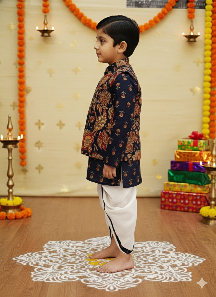 Navy Blue block printed Jacket with Kurta -Dhoti