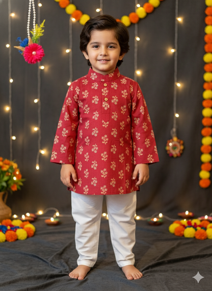 Mehroon Colour Block Print Kurta Pyjama
