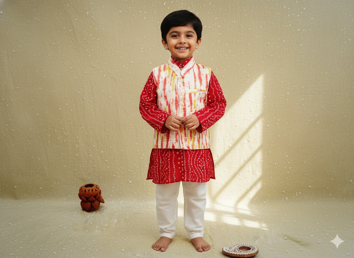 Red Tie and Dye Jacket with Bandhej Kurta-Pyjama
