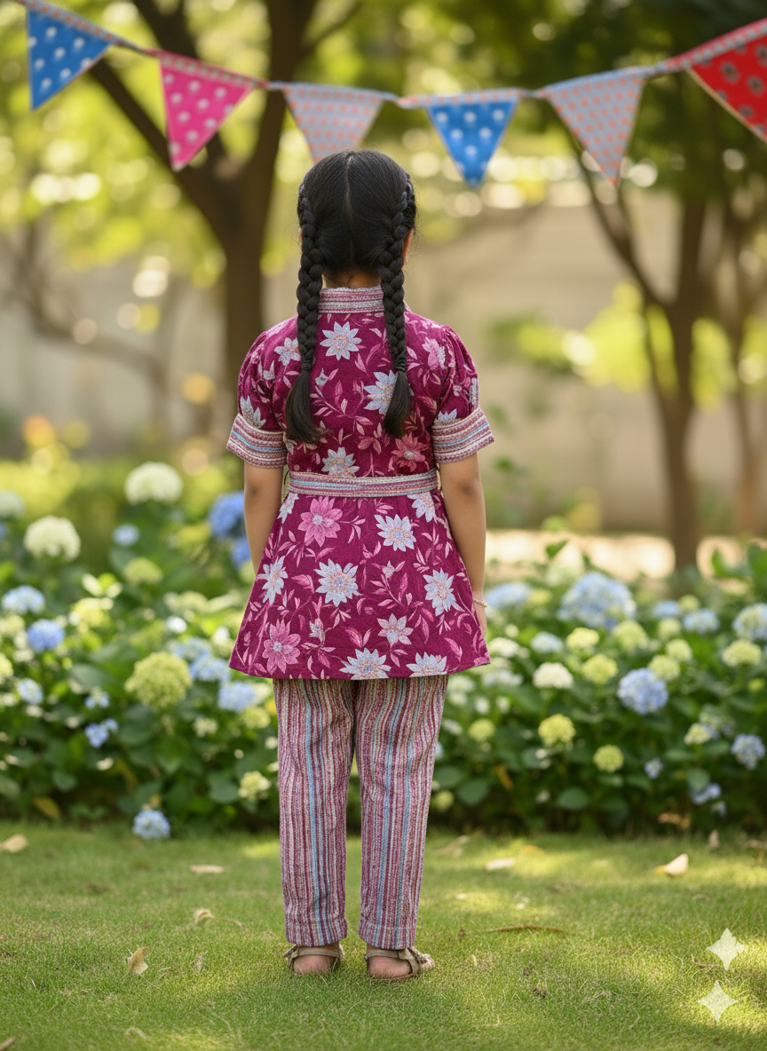 Flower Print Blue Colour Girls Co-Ords