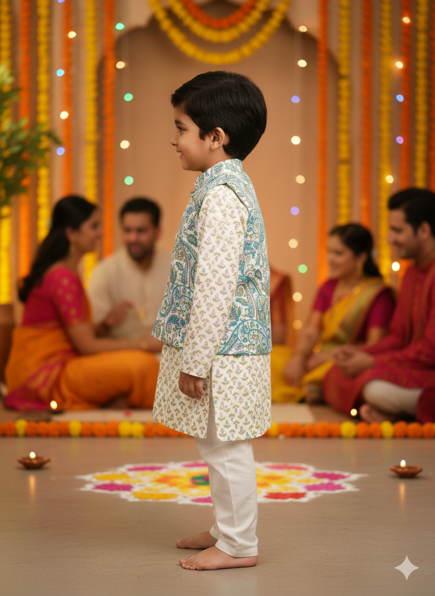 Sky Blue Paisley Print Jacket With Kurta -Pyjama