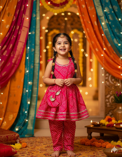 Jaipuri Print Rani Pink Colour Girls Flare Suit Set