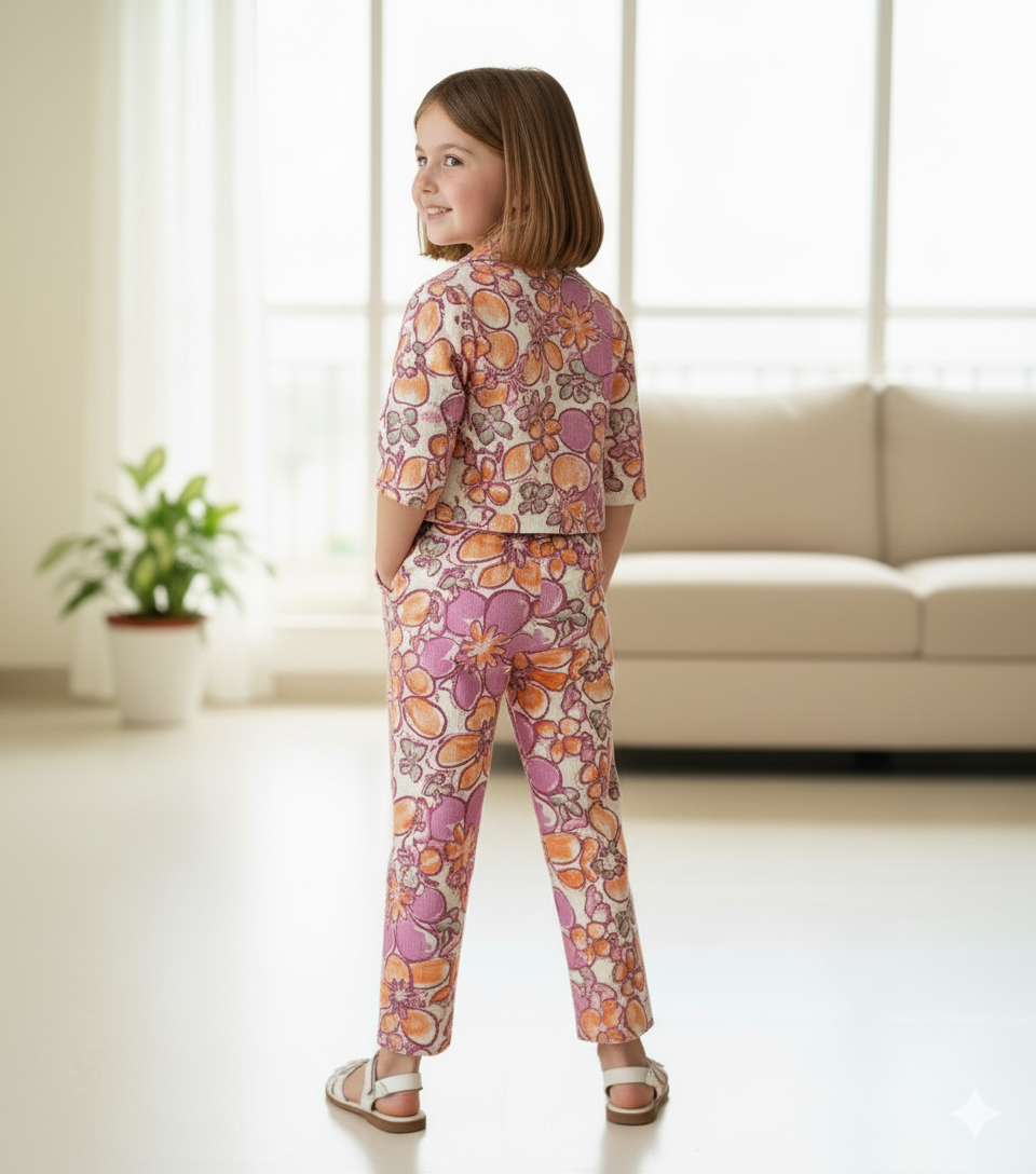 Purple Floral Printed 3 Piece Girls Co-Ords