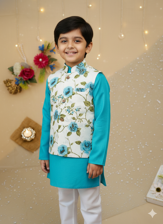 Sky Blue Rose Jacket with Kurta -Pyjama