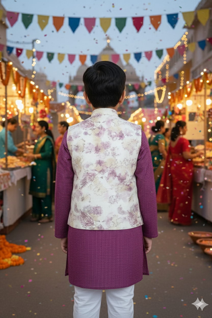 Abstract cream/Purple print Jacket with Kurta -Pyjama