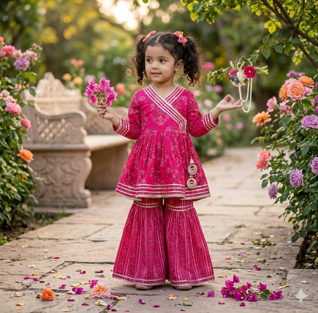 Block Print Pink Coloured Anarkali Suit With Sharara