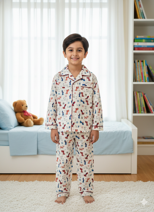 Dog Bone Print Blue Color Night Suit