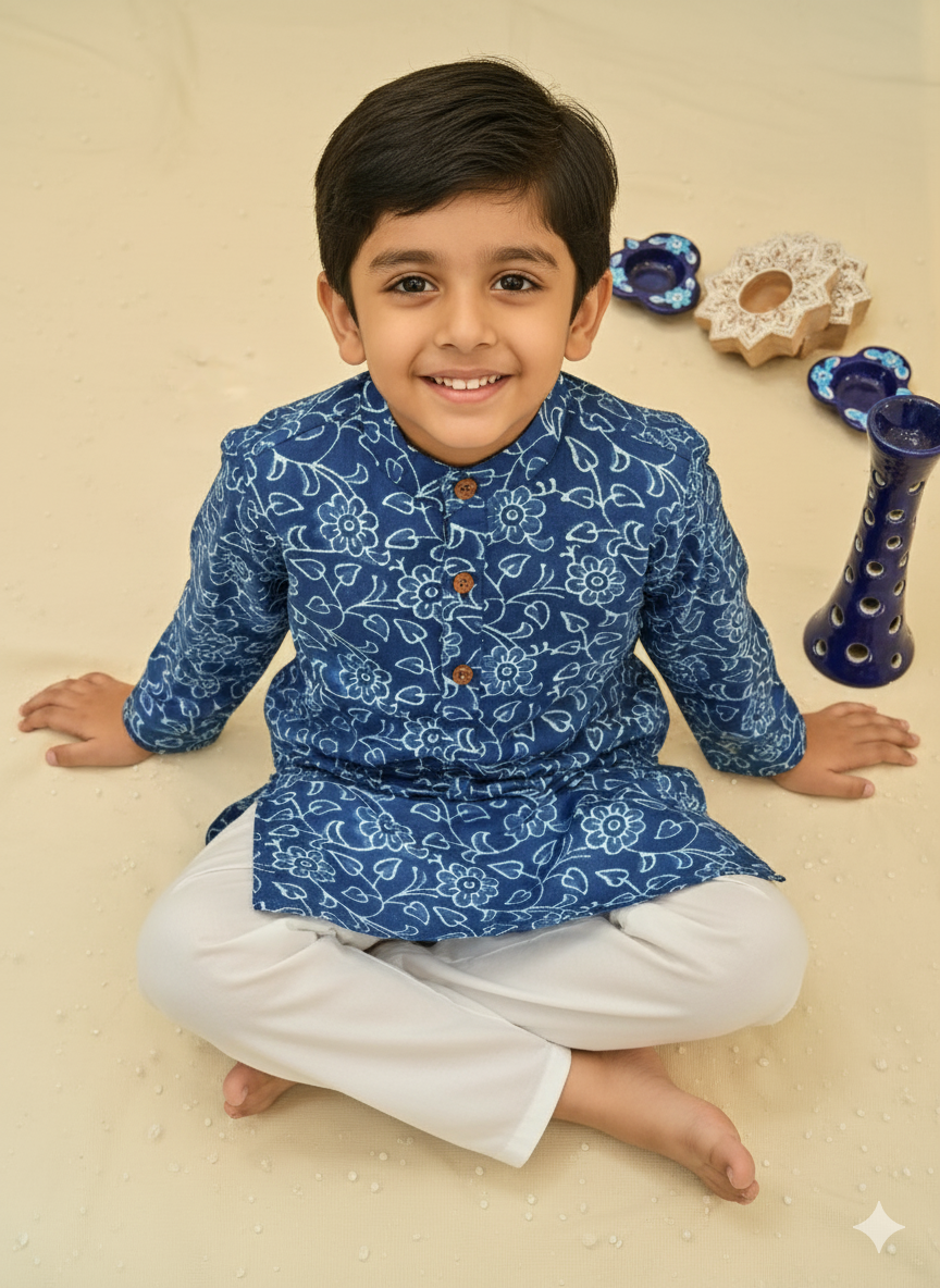Indigo blue discharge printed Kurta -Pyjama