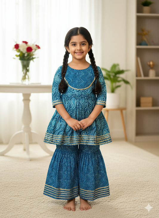 Block Printed Blue Colour Anarkali Suit with Sharara