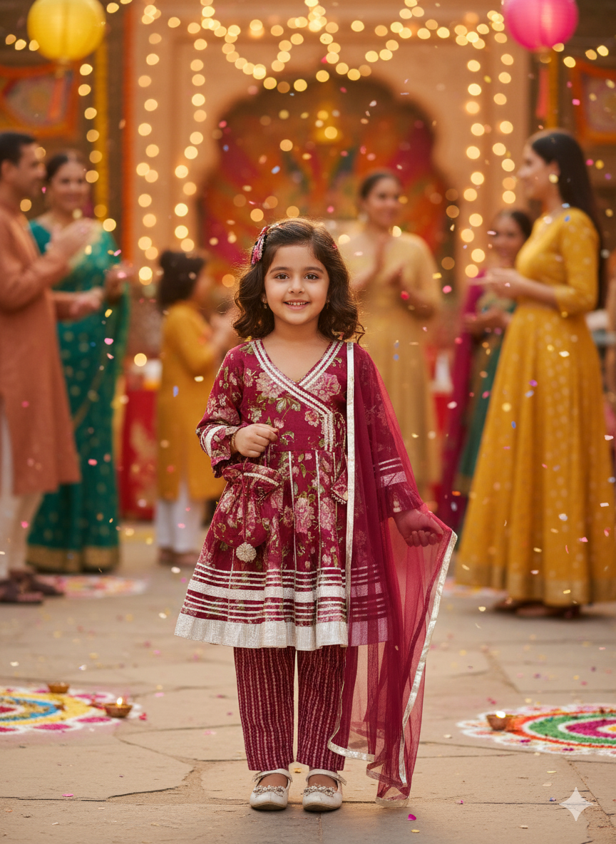 Maroon Floral Printed Girls Flare Suit Set