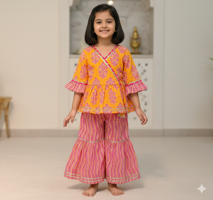 Block Printed Yellow & Pink Coloured Anarkali Suit with Sharara