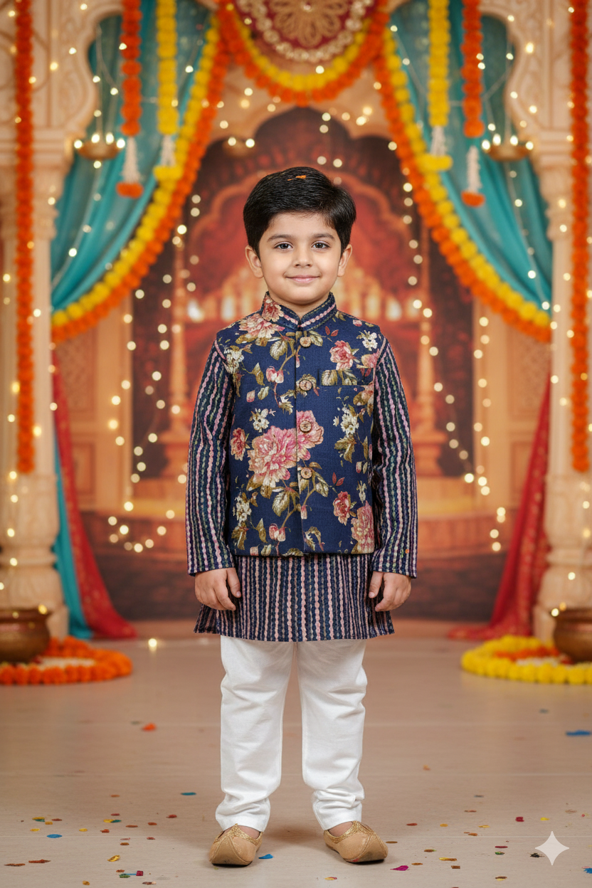 Royal Blue Fulwari Print Jacket with Kurta-Pyjama