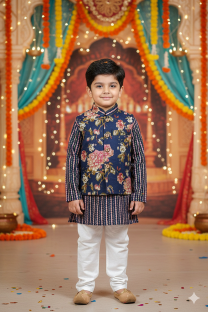 Royal Blue Fulwari Print Jacket with Kurta-Pyjama