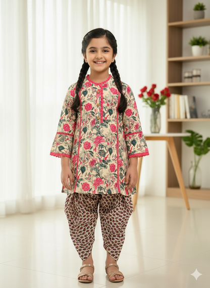 Pink Flower printed Straight Kurta with Dhoti Style Tulip Pant