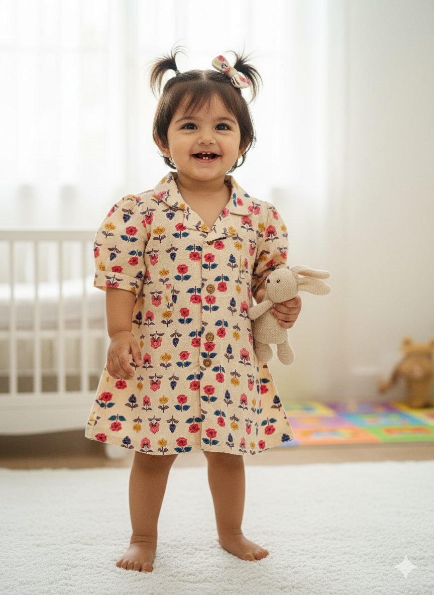 Flower Printed Pink and Blue colour Summer Frock For girls