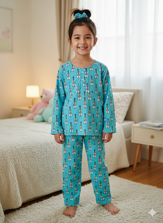 Guitar Print Aqua Color Night Suit