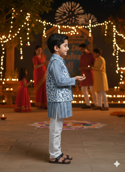 Grey -white block print Jacket with Kurta -Pyjama