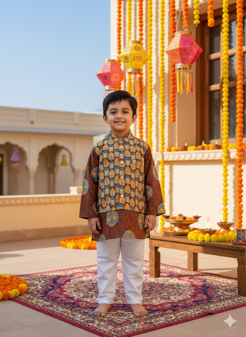 Brown Ajrakh Jacket with Kurta -Pyjama